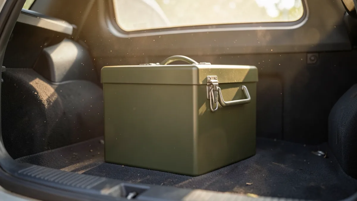 A sealed metal ammo can sitting in a car back seat in a shaft of warm sunlight