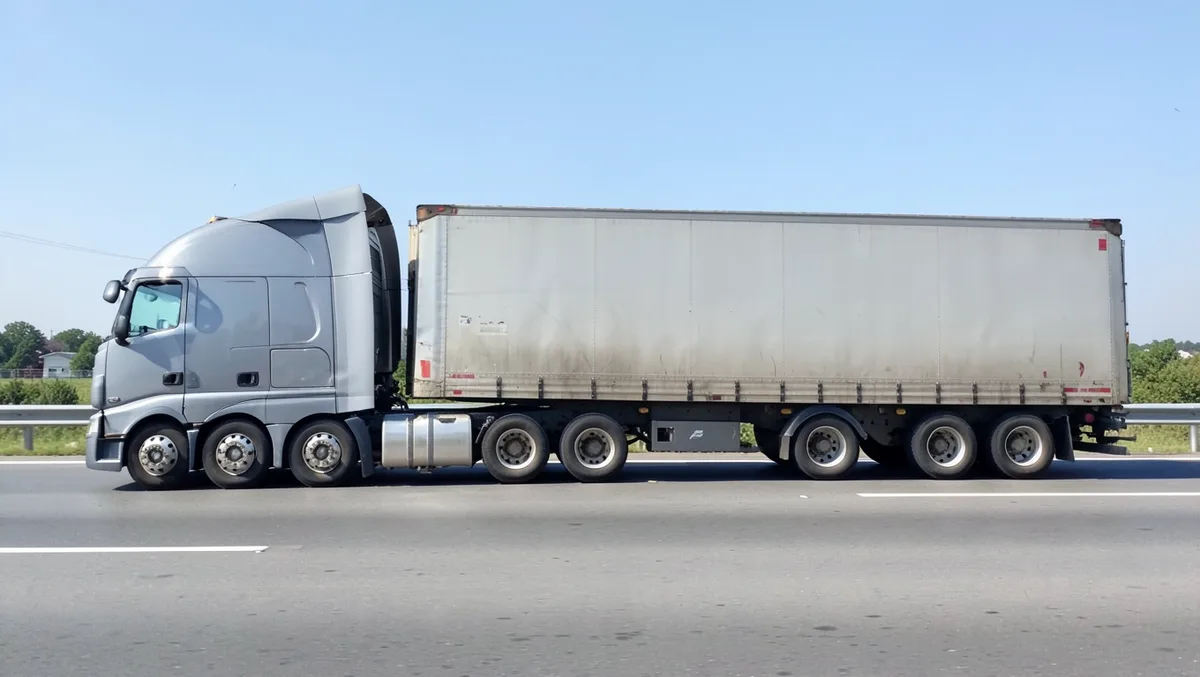 Semi-truck tractor-trailer on the highway showing its multiple axles and wheels