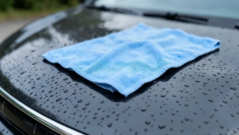 Damp blue drying cloth draped on a wet car hood covered in water beads after washing