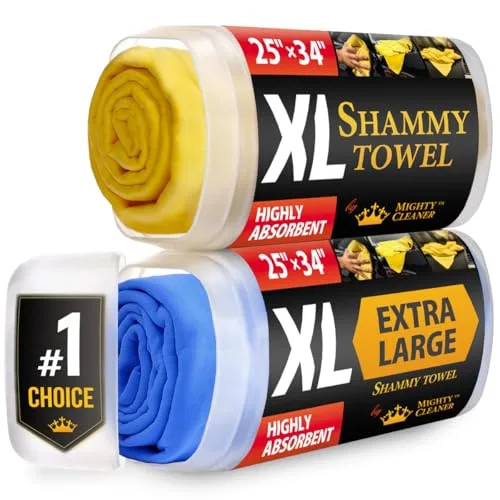 Mighty Cleaner XL Shammy Towel for car, 2-pack, yellow and blue 25x34 inch chamois rolls