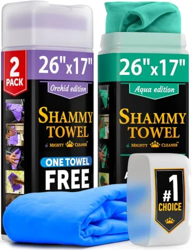 Mighty Cleaner Shammy Towel 2-pack plus 1 free, orchid and aqua 26x17 inch chamois cloths