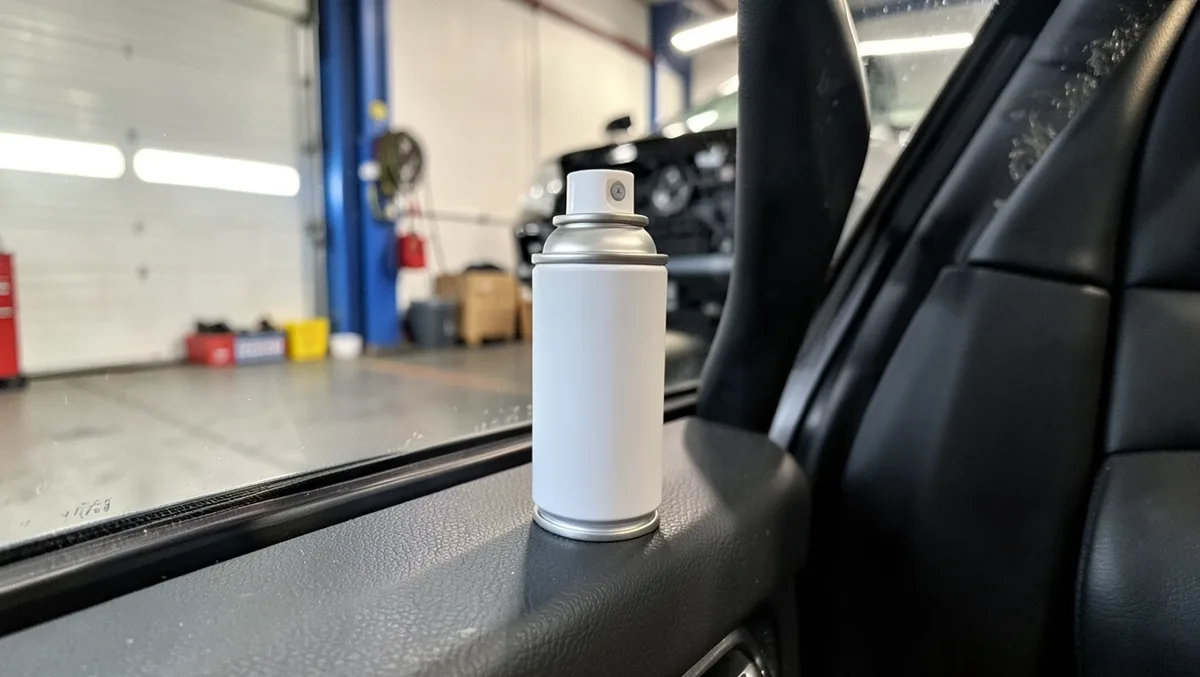 A can of silicone spray lubricant set on a car door sill next to the window