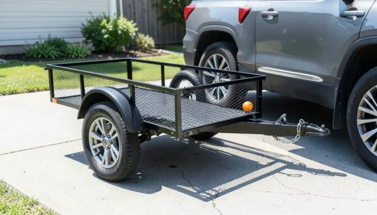 Small open utility cargo trailer with mesh side rails hitched to the back of a gray SUV in a driveway