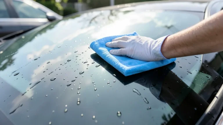 Spotless car windshield glass after removing hard water spots, gloved hand wiping with a microfiber cloth