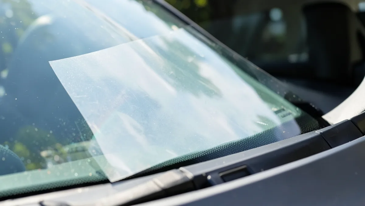 Clear static cling window film applied to the inside of a car windshield without adhesive