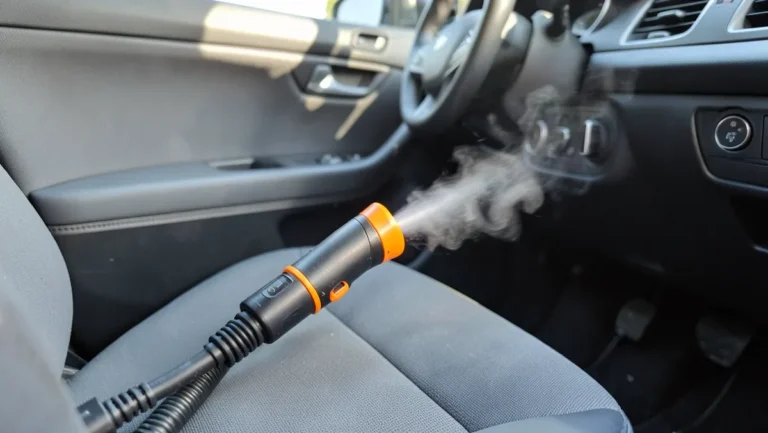 Handheld steam cleaner producing steam inside a car interior near the dashboard and seat