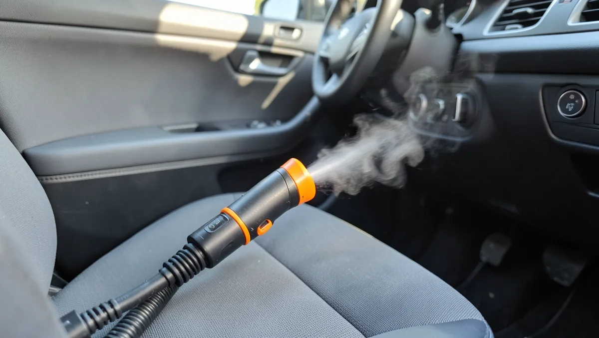 Handheld steam cleaner producing steam inside a car interior near the dashboard and seat