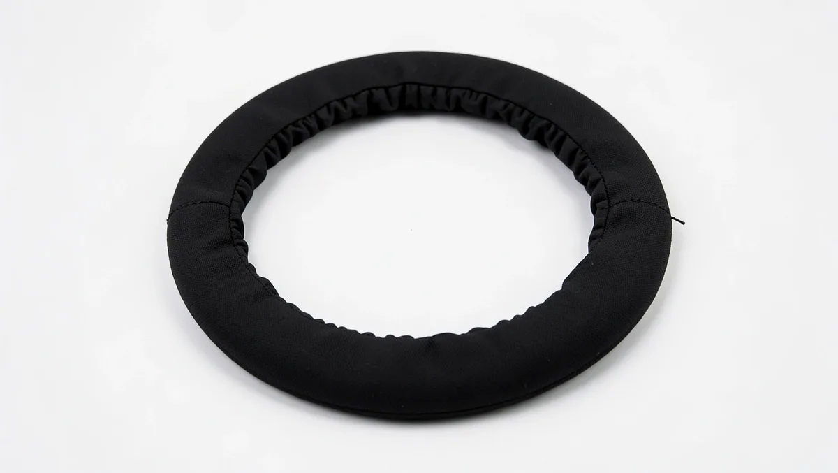 A textured steering wheel cover laid flat, showing the elastic inner lining and stitched seam used to stretch it over the wheel rim