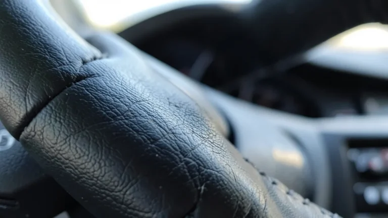 Close-up of a textured leather steering wheel cover grip on a car wheel