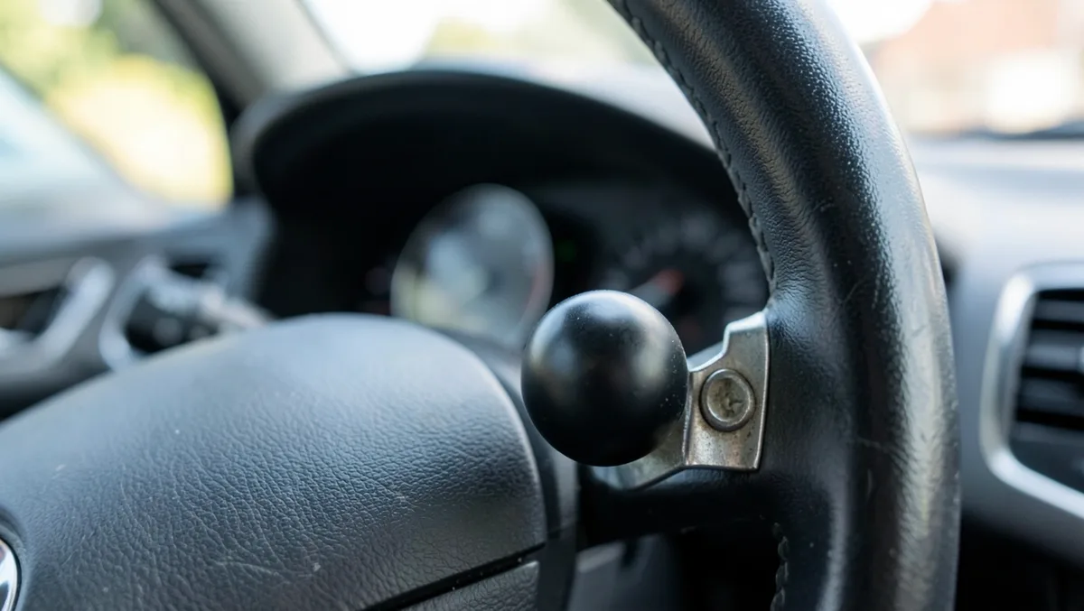 Black steering wheel spinner knob clamped onto a car steering wheel rim