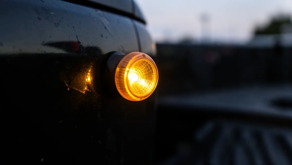 Amber wireless LED strobe marker light glowing on the tailgate of a pickup truck at dusk