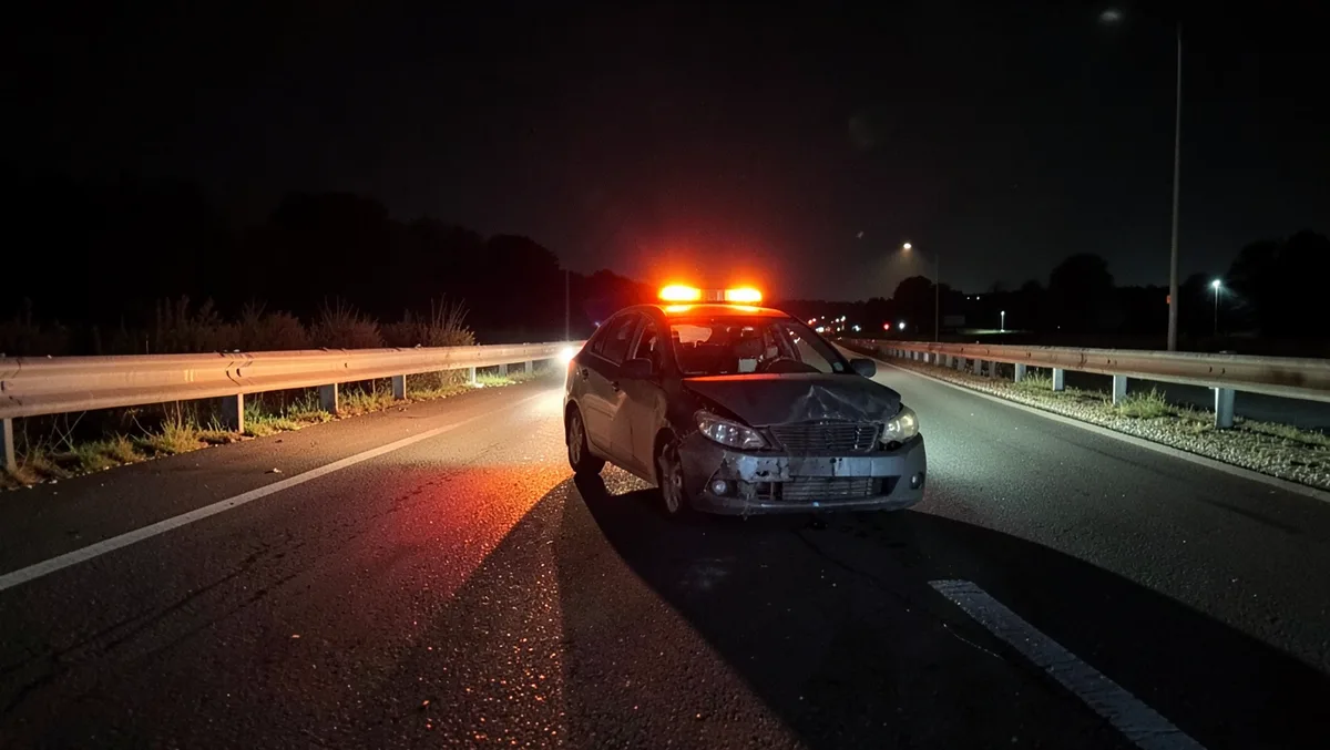 Disabled car pulled over at night with amber hazard beacon lights flashing on the roof