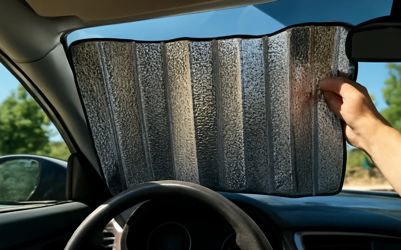 Reflective accordion sunshade being positioned against the inside of a car windshield Reflective accordion sunshade being positioned against the inside of a car windshield