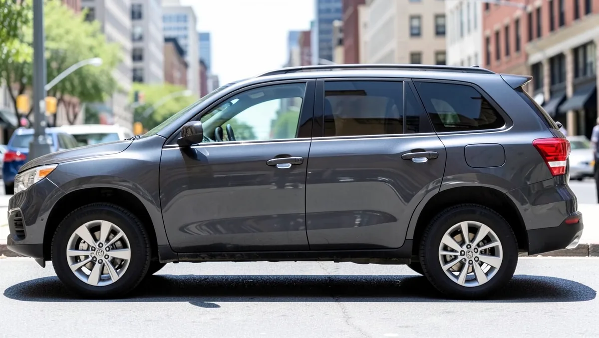 SUV parked on a city street with dark tinted rear windows and a clear windshield