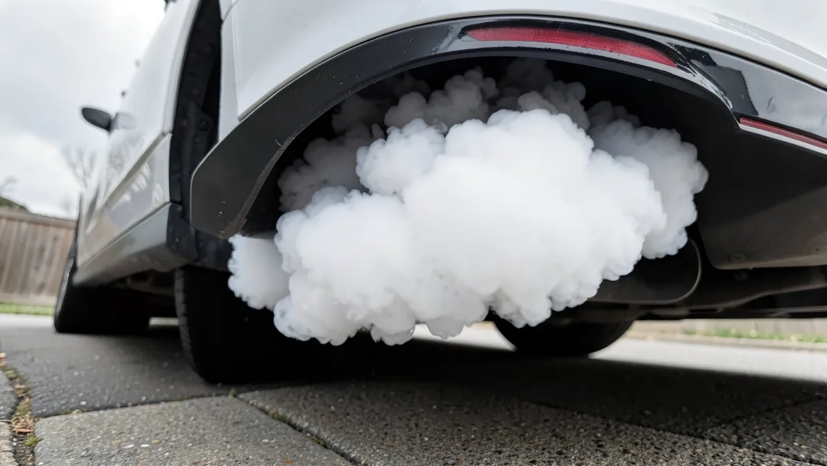 Thick white smoke pouring out from under a car after worn piston rings let oil burn in the cylinders