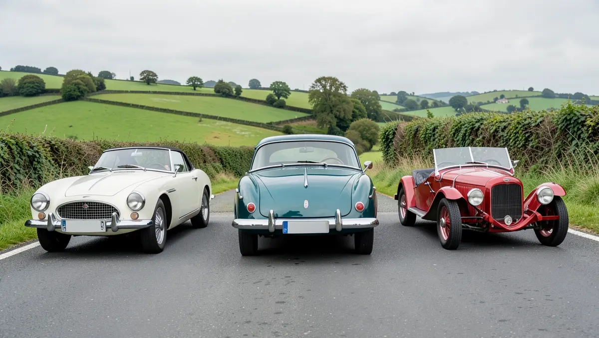 Three different classic cars parked side by side on a country road for a video shoot