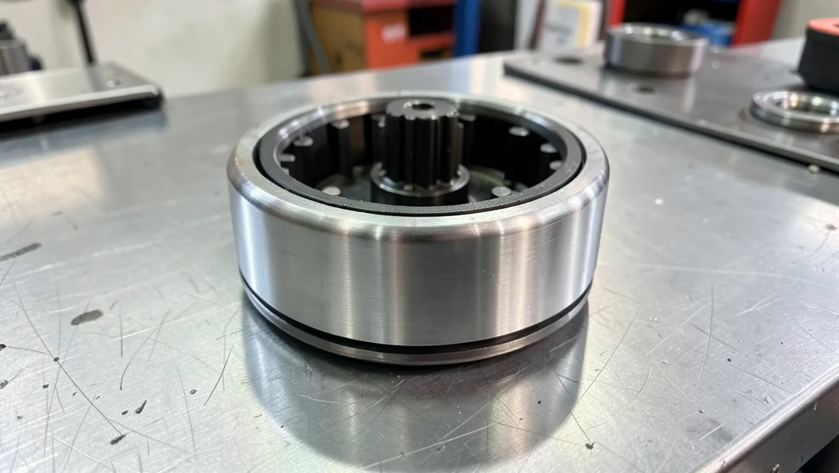 Automatic transmission torque converter component resting on a workshop bench