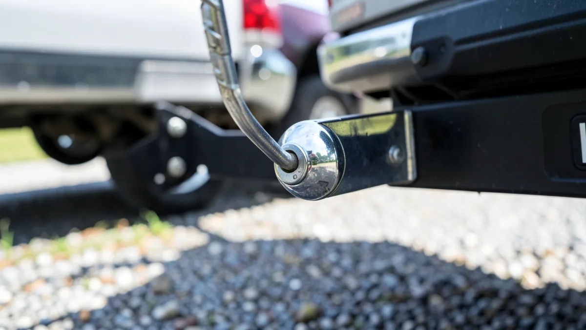 Trailer coupler latched onto a chrome hitch ball mounted in a truck receiver hitch