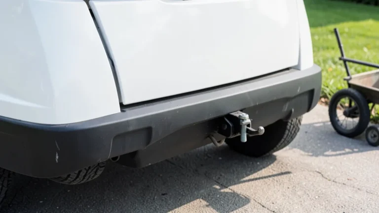 Rear bumper of a golf cart with a small trailer hitch receiver installed, garden utility cart nearby