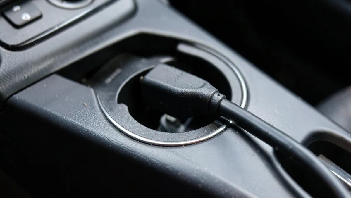 12-volt power cable plugged into a car accessory outlet, the connection used to run a travel car fridge