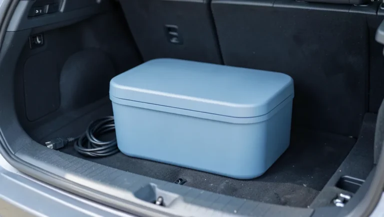 Portable 12-volt car cooler box sitting in an open SUV trunk next to its power cable
