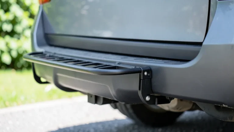 Empty folding hitch-mounted cargo platform rack attached to a car rear bumper receiver
