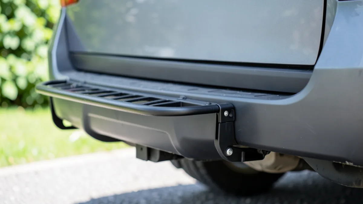 Empty folding hitch-mounted cargo platform rack attached to a car rear bumper receiver
