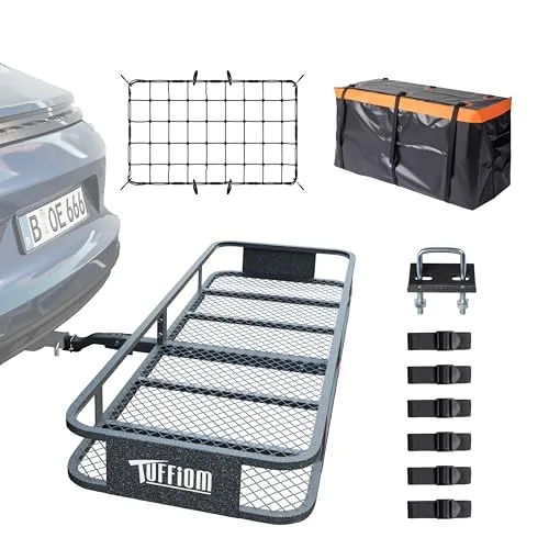 TUFFIOM folding hitch mount cargo carrier basket with cargo net and waterproof bag