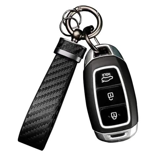 Turcee leather car keychain with carbon fiber texture strap and anti-lost D-ring attached to a car key fob
