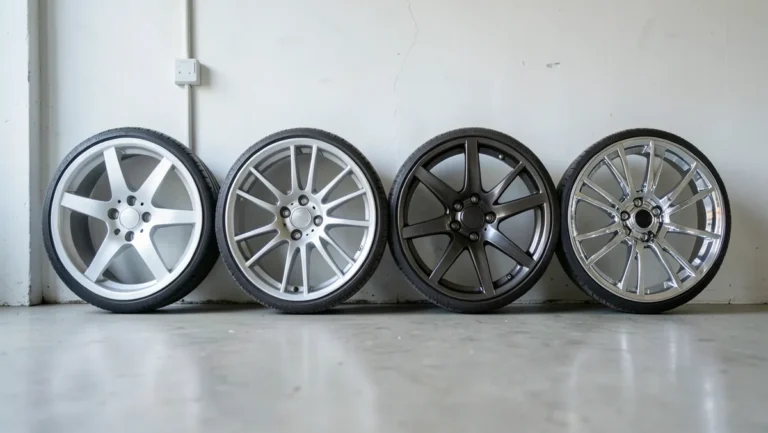 Four different car wheel types side by side: steel, cast alloy, forged alloy, and chrome-plated