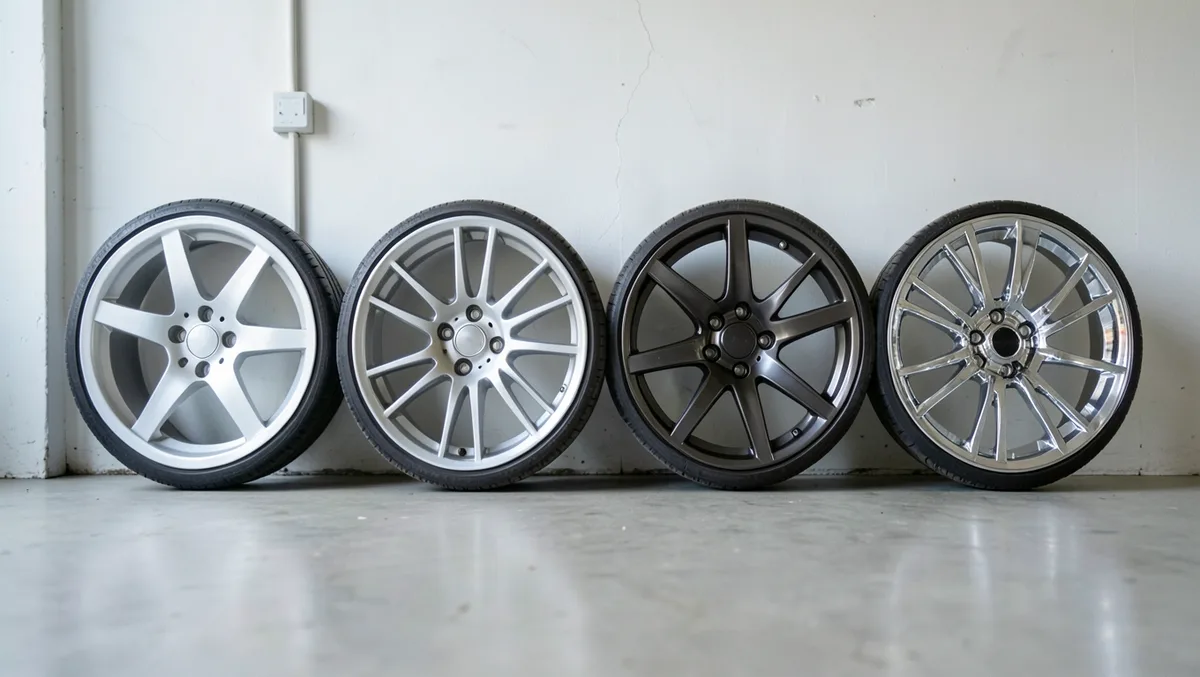 Four different car wheel types side by side: steel, cast alloy, forged alloy, and chrome-plated