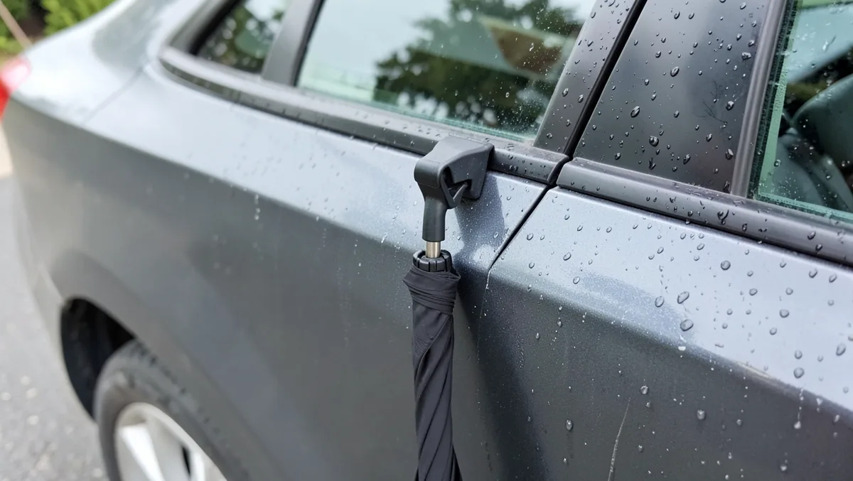 Umbrella clipped to a car door lip holding it upright against the exterior door panel in the rain