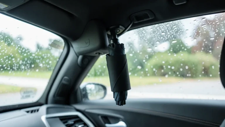 Folded umbrella secured near the front seat headrest post inside a car, rain visible on the window
