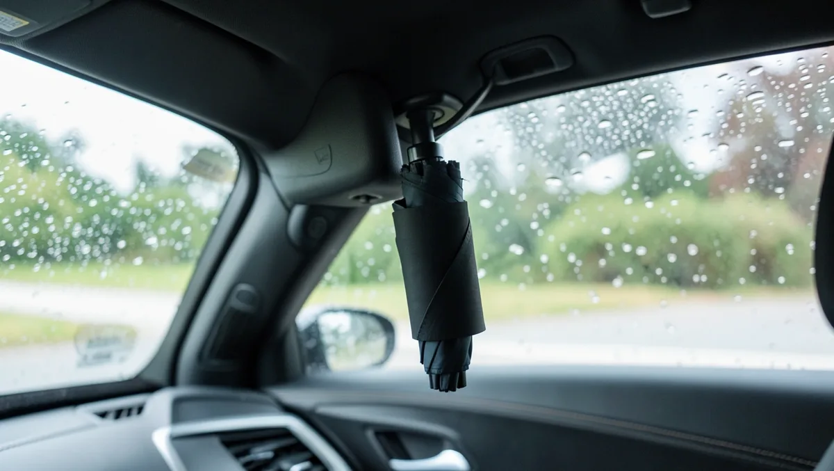 Folded umbrella secured near the front seat headrest post inside a car, rain visible on the window