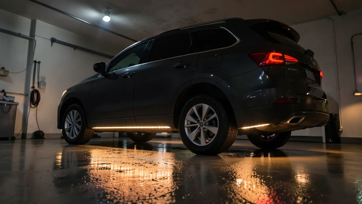 SUV with amber-white LED underglow lighting mounted under the rocker panel, glowing in a garage at night