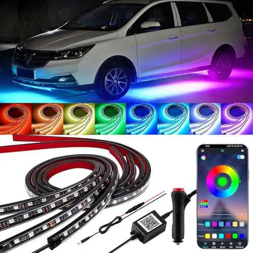YUGUANG 4Pcs Underglow Kit for Car, APP Control Multicolor Car Underglow Light Kit Music Sync RGB Underbody Strips Light Waterproof for Cars Trucks SUVs