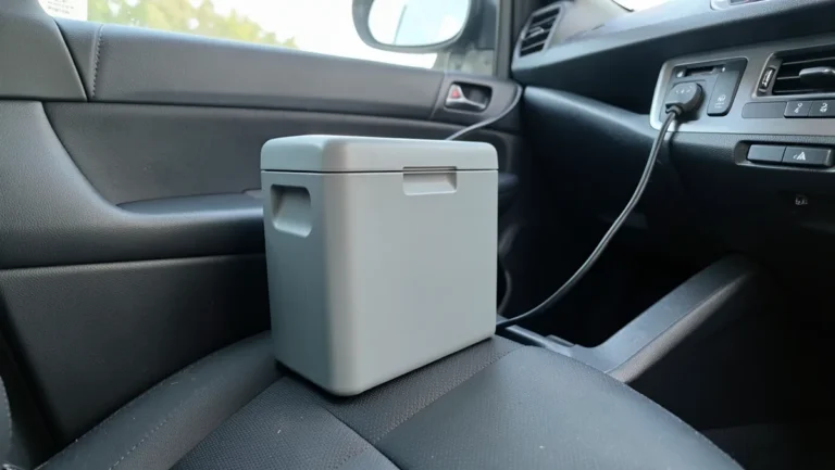 Portable 12V car cooler plugged into a car accessory outlet