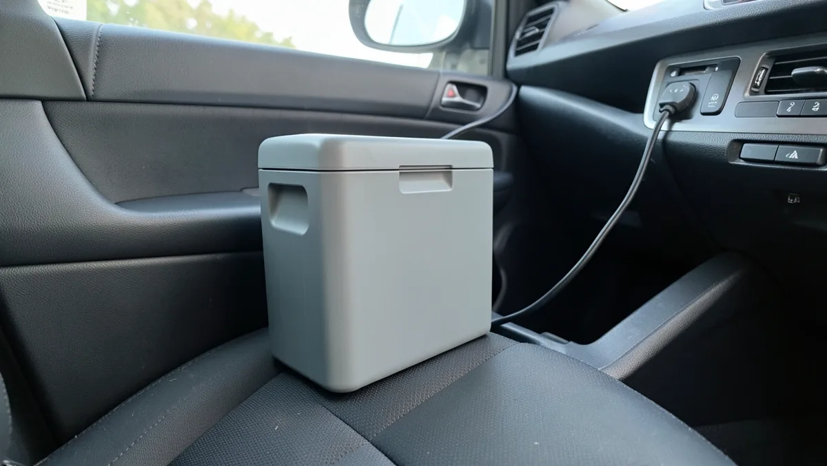 Portable 12V car cooler plugged into a car accessory outlet