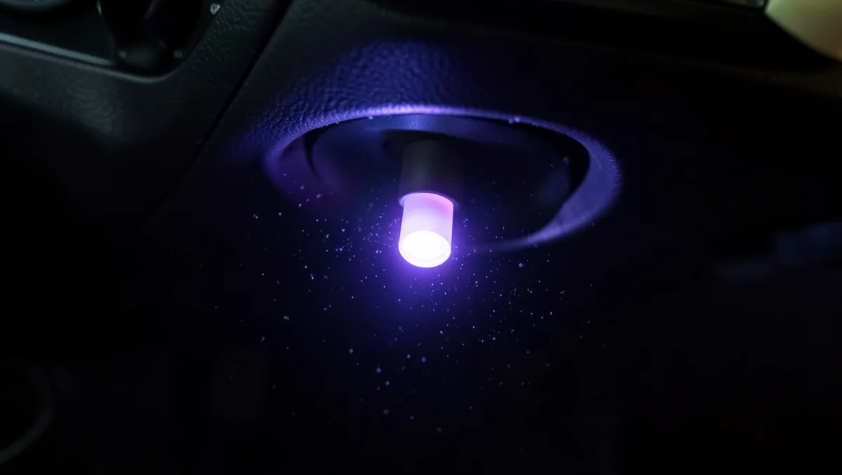 A small ultraviolet LED bulb glowing violet under a car dashboard with visible dust particles illuminated in the beam