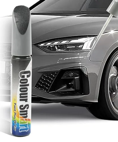 VARGTR gray touch-up paint pen shown beside the front bumper and headlight of a silver-grey car