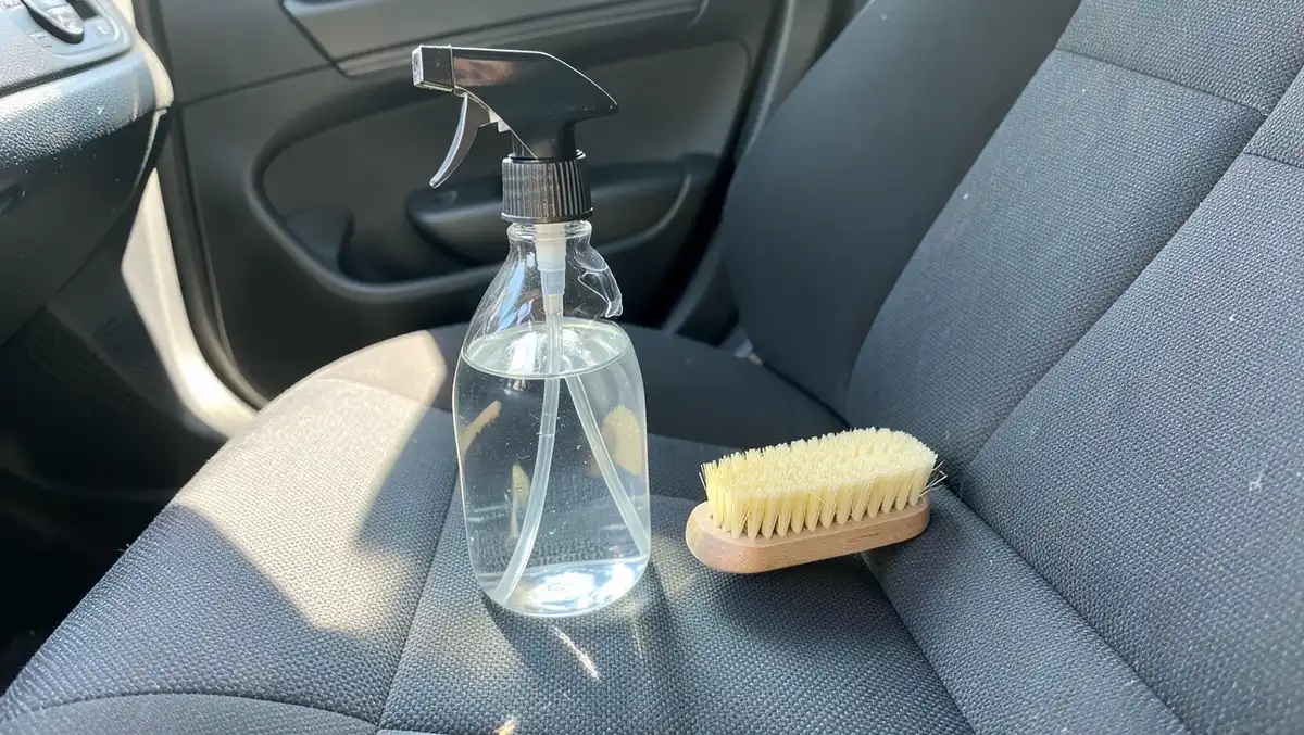 Spray bottle of vinegar solution and soft-bristle brush set on a cloth car seat for mold cleaning