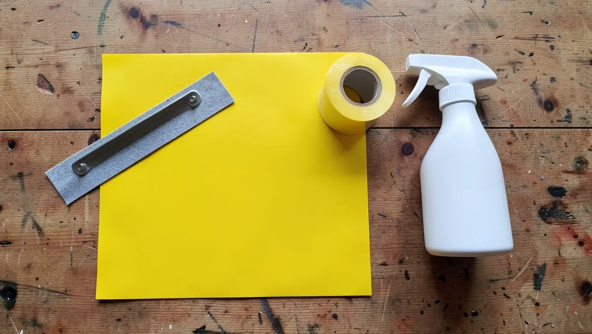 Vinyl decal application tools including a felt squeegee, sheet of vinyl, transfer tape, and spray bottle