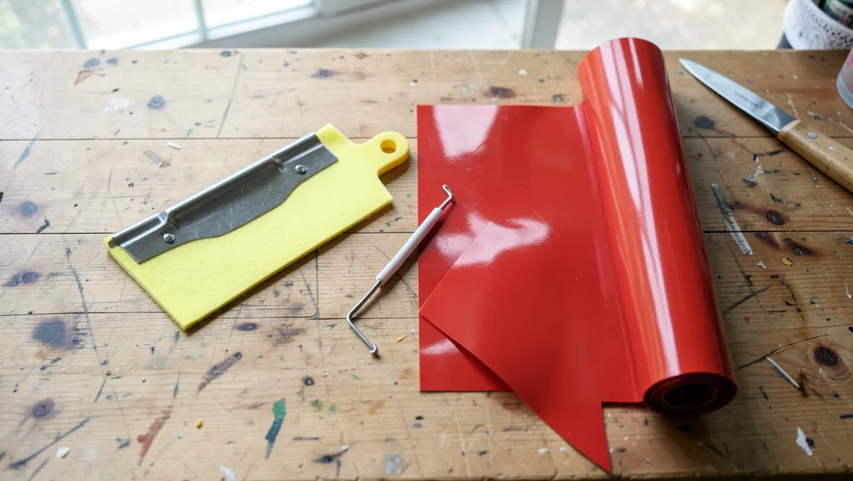 Squeegee, weeding hook tool, and roll of vinyl sheet used to apply car decals
