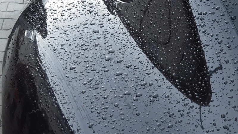 Black car fender with water beads showing the paint finish