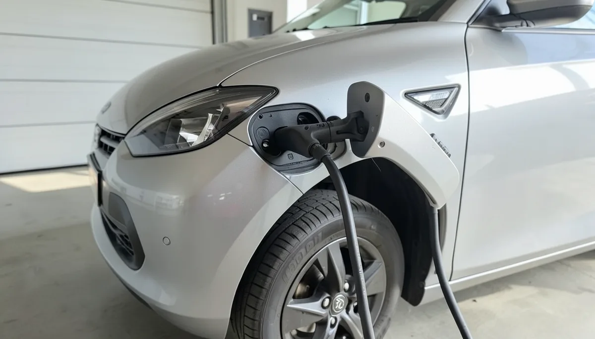 Charging cable plugged into an electric car's charging port on the front fender
