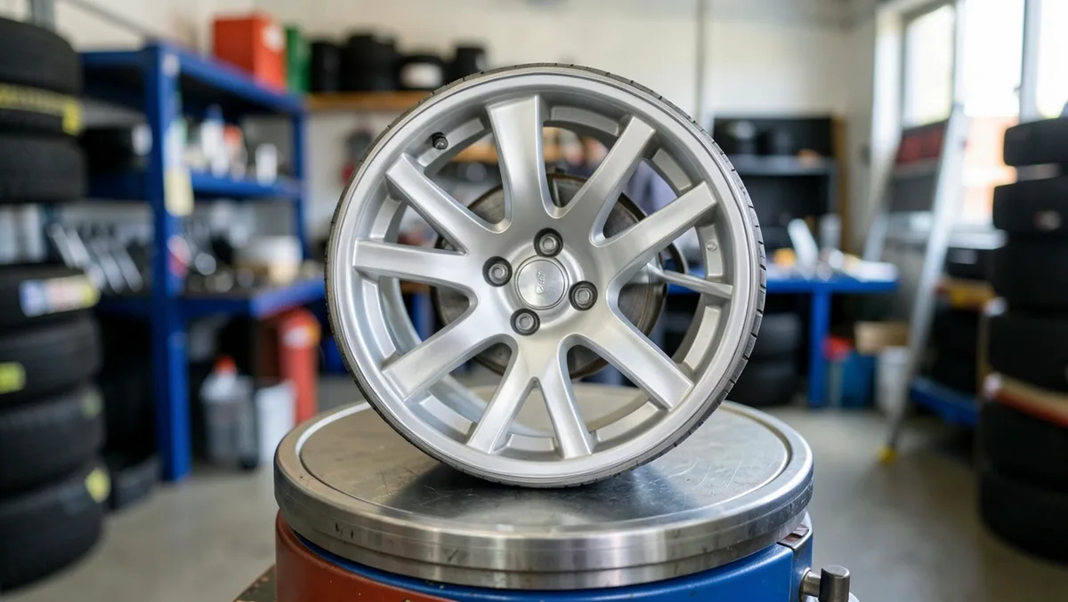 Aluminum alloy car wheel mounted on a wheel balancing machine in an automotive shop
