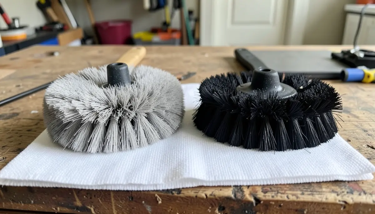 Side-by-side comparison of a soft wheel brush with light gray bristles and a stiffer black tire brush