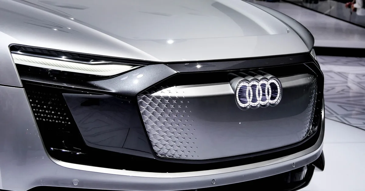 Audi four rings emblem on the grille of an Audi e-tron concept car