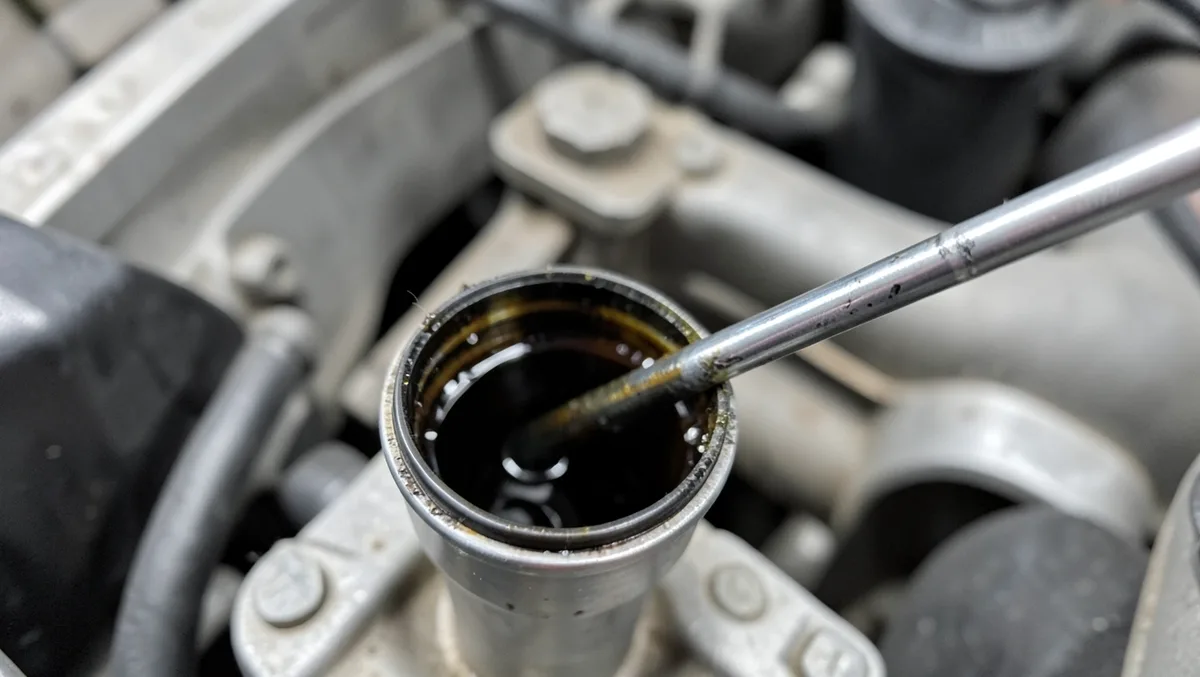 Dipstick showing low dark oil pulled from a car engine that is burning oil