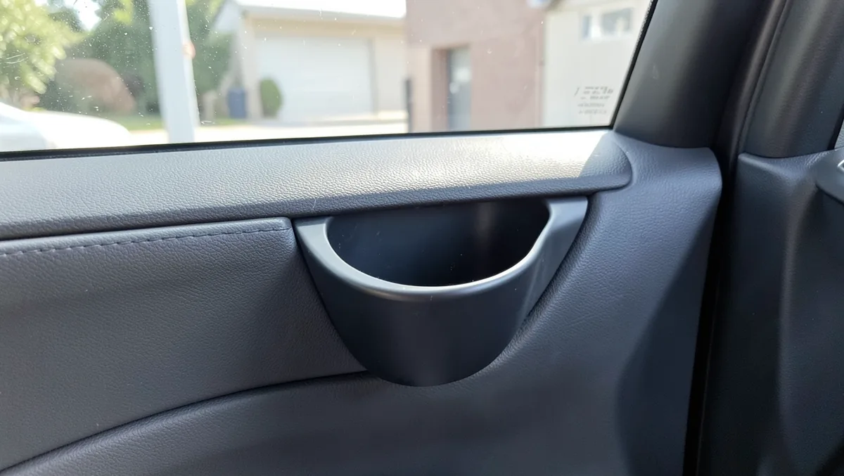 Empty cup holder pocket built into a car door panel next to the window